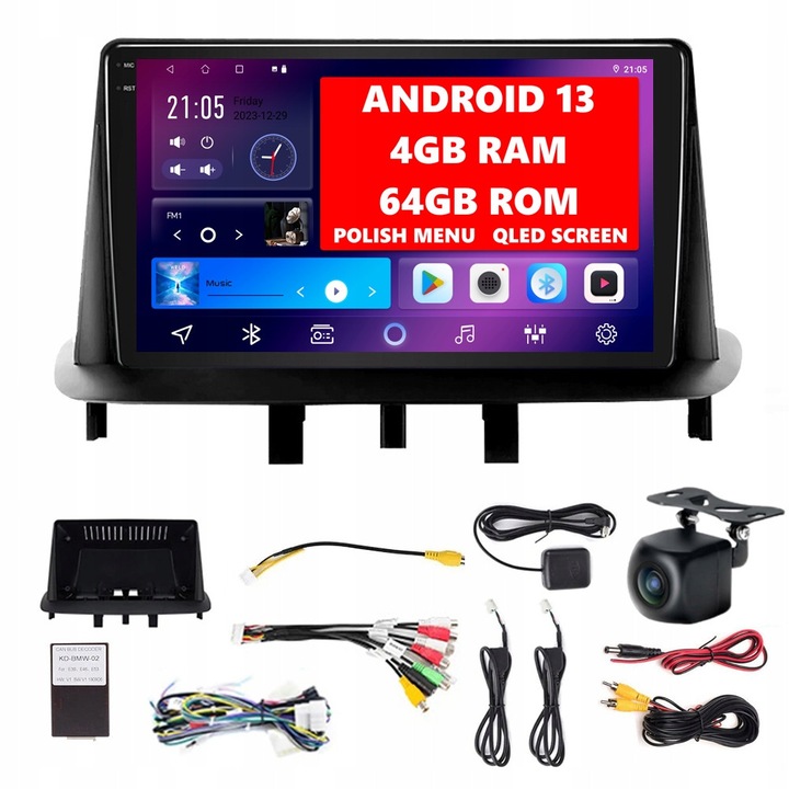 Autórádió Android 13, 9 hüvelykes, 4GB RAM/64GB ROM, GPS, Bluetooth, Renault Megane 3 2008-2014, AHD tolatókamerával
