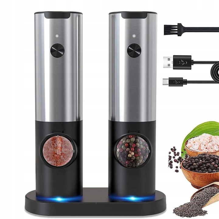 Комплект 2 електрически мелачки за сол и пипер, пластмаса, 17,8x5,2 см, черни