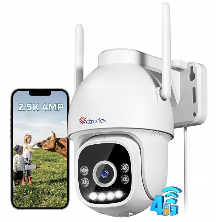 Cameră de supraveghere exterioară PTZ Ctronics 2.5K 4MP, detectare persoane, urmărire automată, alb, cu cartela SIM inclusă