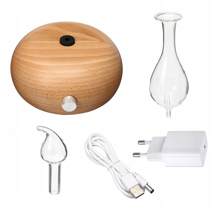 Aparat aromaterapie, din sticla si lemn, 30 ml, culoare maro, pentru spatii de pana la 30 m2