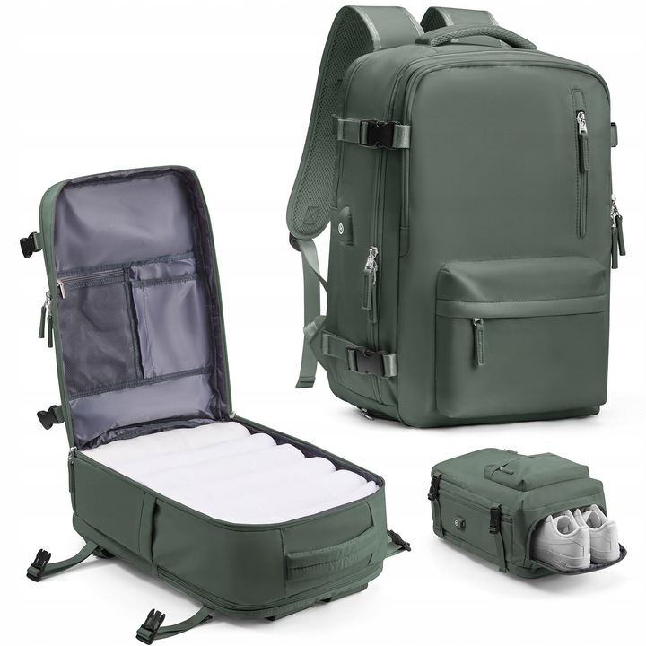 Rucsac calatorie, compartiment laptop 15.6", compartiment incaltaminte, verde inchis