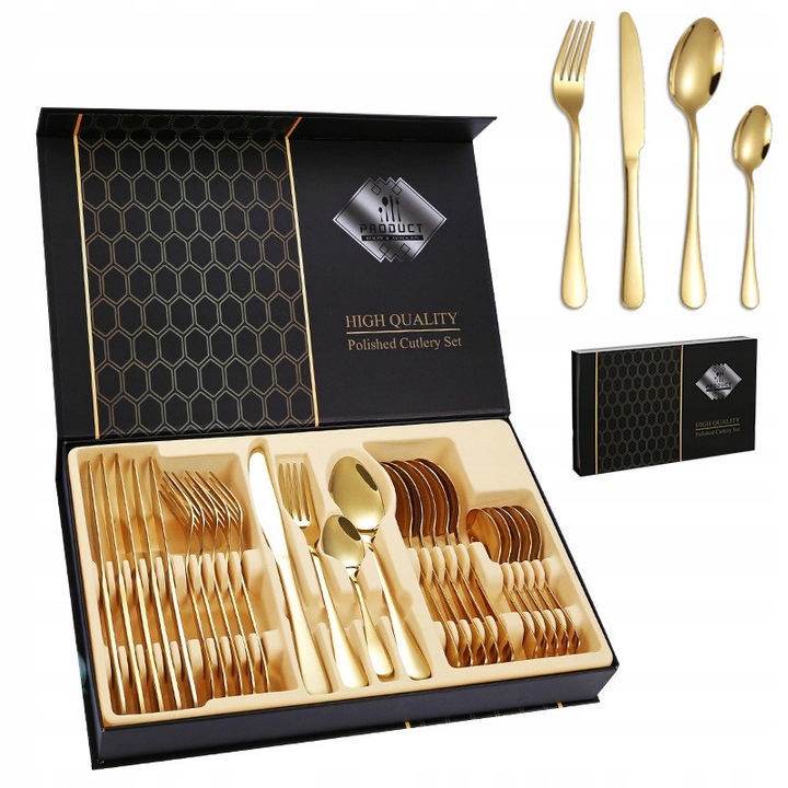 Комплект прибори за хранене 24 части, 6 души, неръждаема стомана, златисти, подаръчна кутия