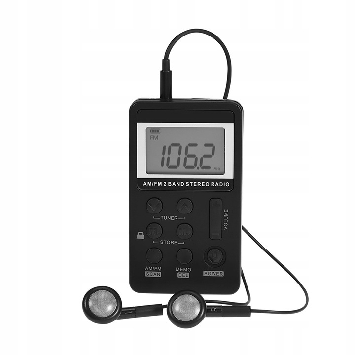 Radio portabil AM FM, cu display LCD, 58 statii, casti 3.5mm, negru, dimensiuni 84x48x12mm