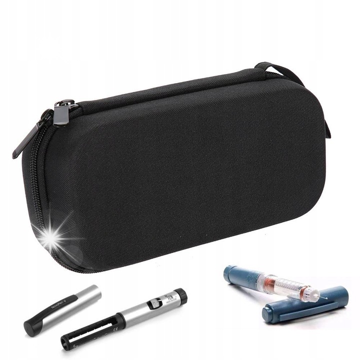 Etui racitor pentru insulina, negru, material Oxford, cu display temperatura, 1 compartiment pentru insulina, 2 buzunare laterale pentru pachete de gheata