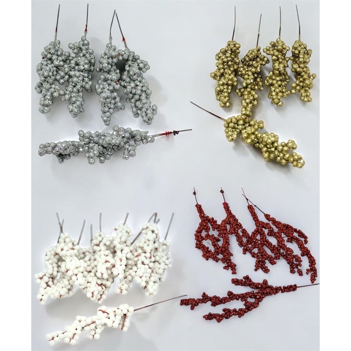 Crengute decorative Craciun merisoare inghetate, albe, rosii, aurii, argintii-set 20bc