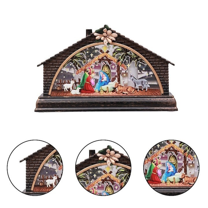 Decoratiune de Craciun, Casuta, Familia in Iesle, LED, 15.5 cm