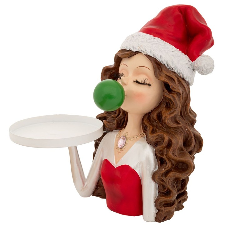 Suport decorativ Craciun, figurina fata cu bomboana si tava pentru servire