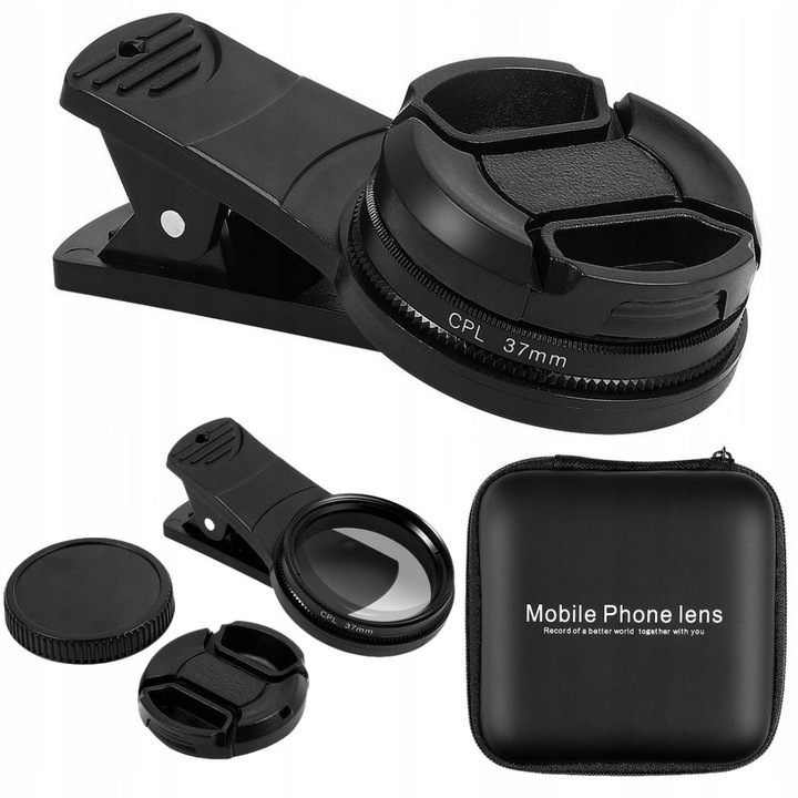 Filtru polaryzator 37 mm, negru, set cu clip, capace si servetel de curatare