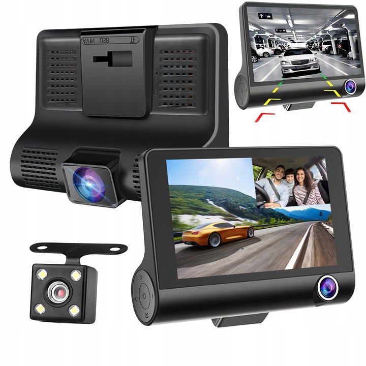 Camera auto DVR, 3 camere, 4 inch, rezolutie Full HD, neagra, 10,80x7,80x2,80 cm