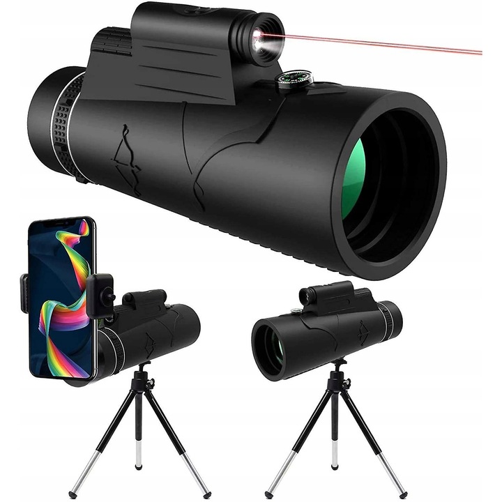 Монокуляр 12x50, Ultra HD, призма Bak4, LED осветление, червен, компактен