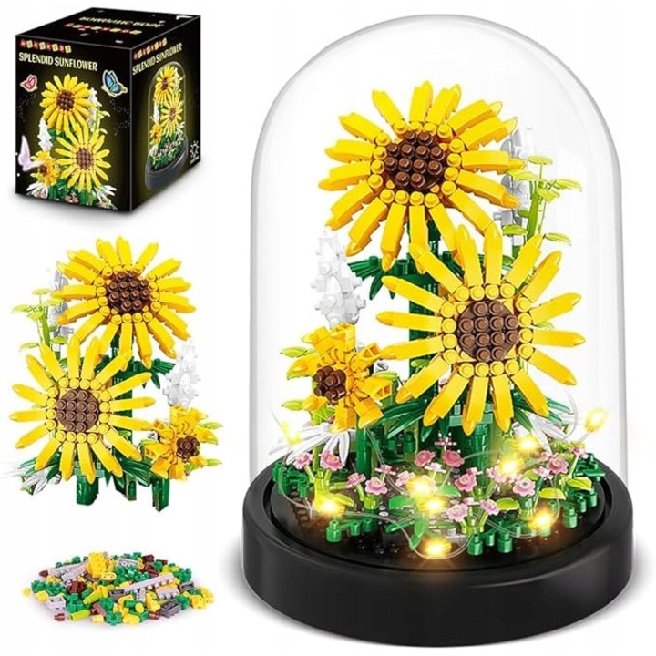 Set de constructie flori, Hogokids, floare soarelui, 596 piese, multicolor