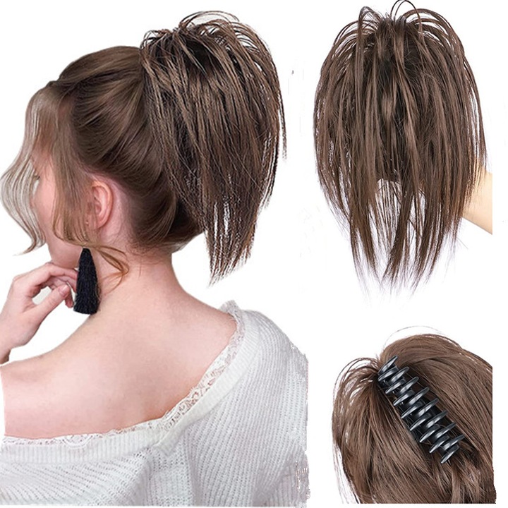 Peruca cu clip, par scurt, sintetic, natural, brun, accesorii par