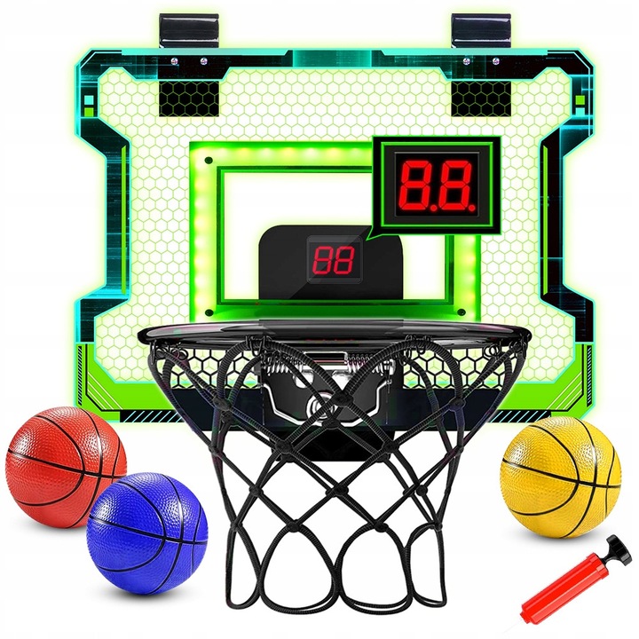 Mini kosárlabda szett elektronikus táblával, LED-del, 3 labdával, gyerekeknek és felnőtteknek
