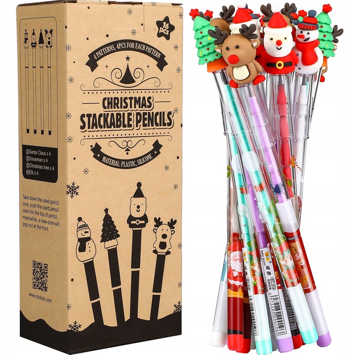 Set 16 Creioane de Craciun, fara ascutire, design tematic, 17cm, multicolor