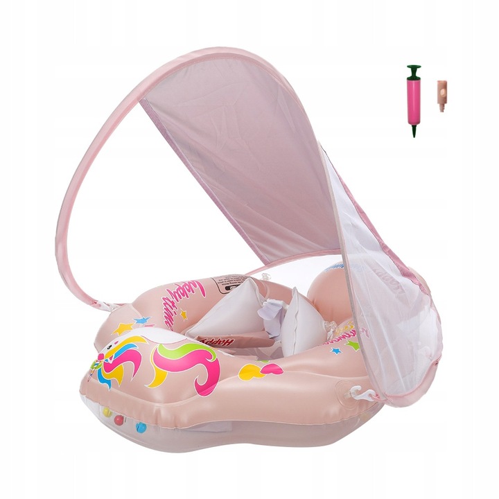 Colac de inot pentru bebelusi cu baldachin, roz, 8-14 kg, dimensiune L, set complet