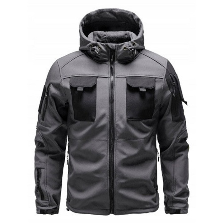 Geaca barbateasca impermeabila tactica militara cu gluga, gri, poliester