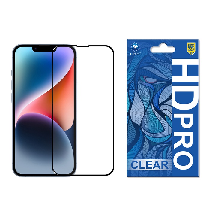 Протектор за екран за iPhone 13/13 Pro/14, Lito HD Pro Glass, Черен