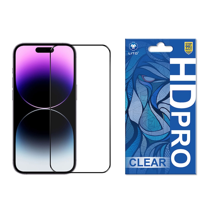 Протектор за екран за iPhone 14 Pro Max, Lito HD Pro Glass, Черен