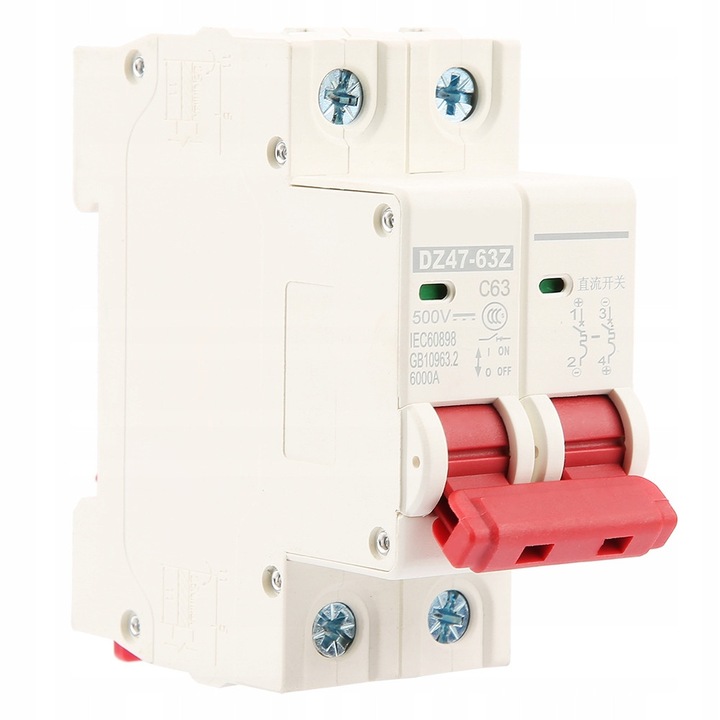 Siguranta electrica 63A 2P DC500V, protectie impotriva suprasarcinii, instalare pe sina DIN
