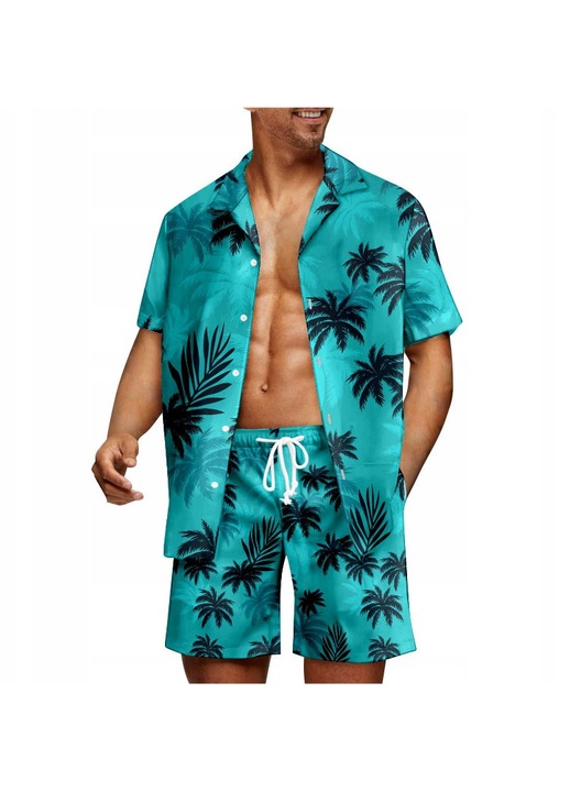 Trening lifestyle barbati, camasa si pantaloni scurti, model palmieri, verde