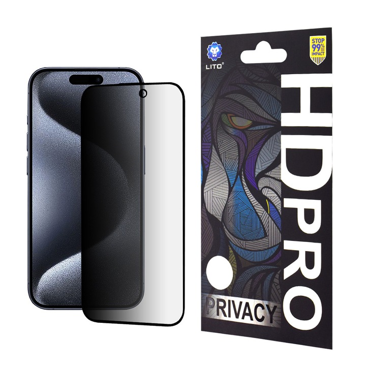 Протектор за екран за iPhone 15 Pro, Lito HD Pro Privacy Glass, Черен