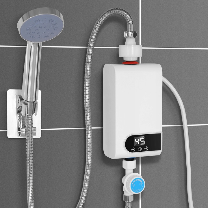Incalzitor de apa electric fara rezervor, alb, 4500W, 19x10x6.8cm, set cu accesorii pentru dus
