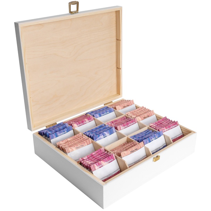 Бяла кутия за чай, дърво, Creative Deco, 12 отделения, за подарък, декорация, винтидж стил, капак и закопчалка, 29x25x7.5 см