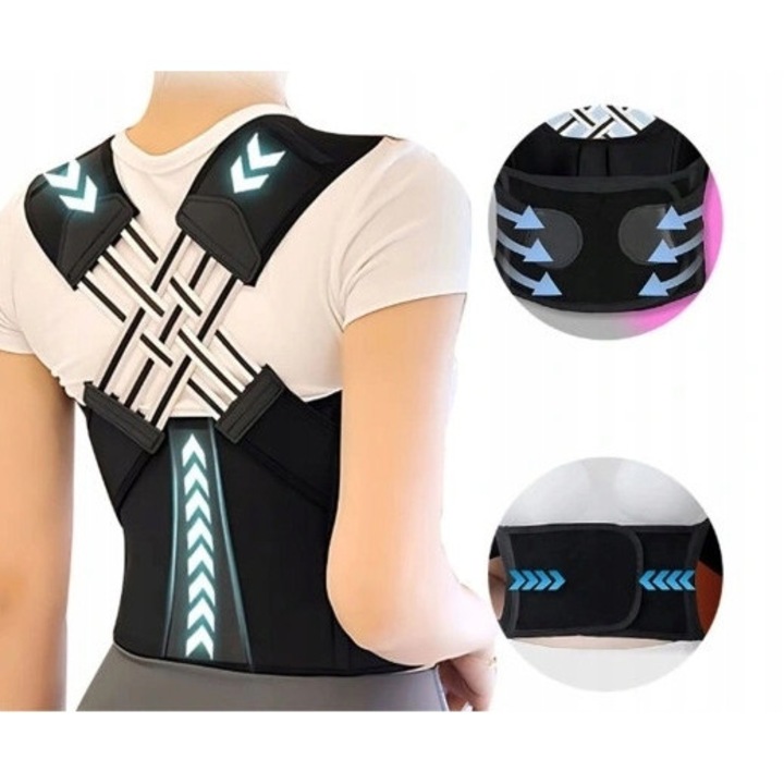 Suport corector postura, negru, S-XL, pentru sustinerea spatelui, material respirabil