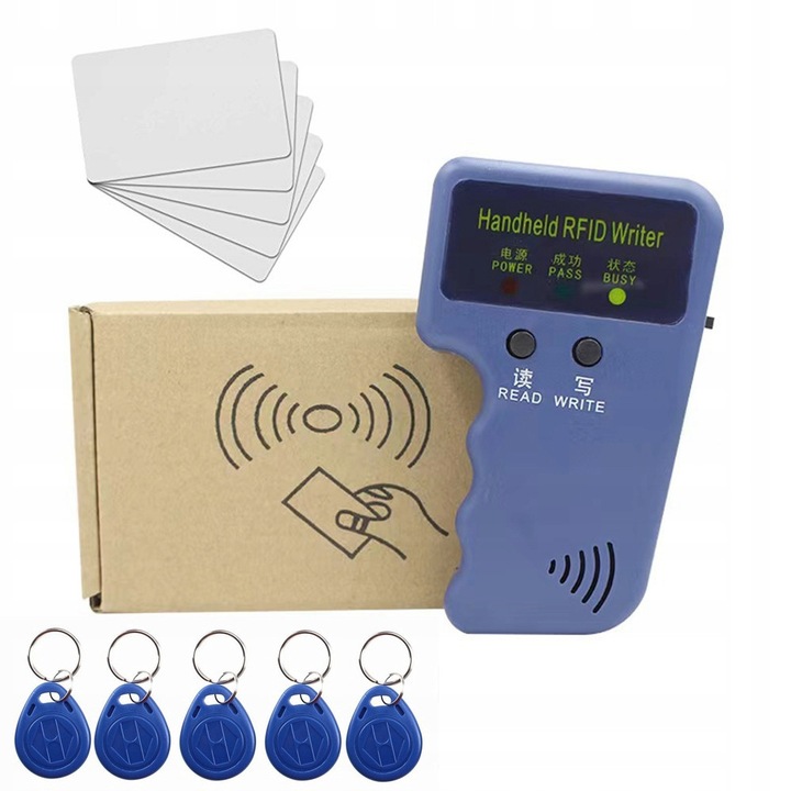 Programator RFID 125kHz cu 5 brelocuri si 5 carduri, dimensiuni 11.5x7x3cm, culoare albastra