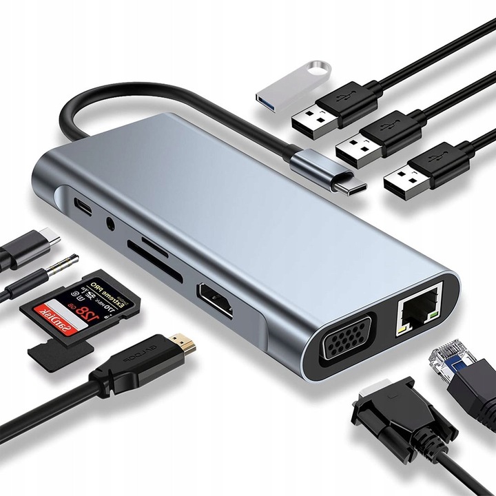 Hub USB-C ZREE 11w1, HDMI 4K, VGA, 3x USB 3.0, Gigabit Ethernet, Space Grey, 131x61x17mm