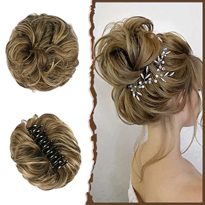 Peruca dama, blond inchis, par scurt, cret, cu prinderi, natural