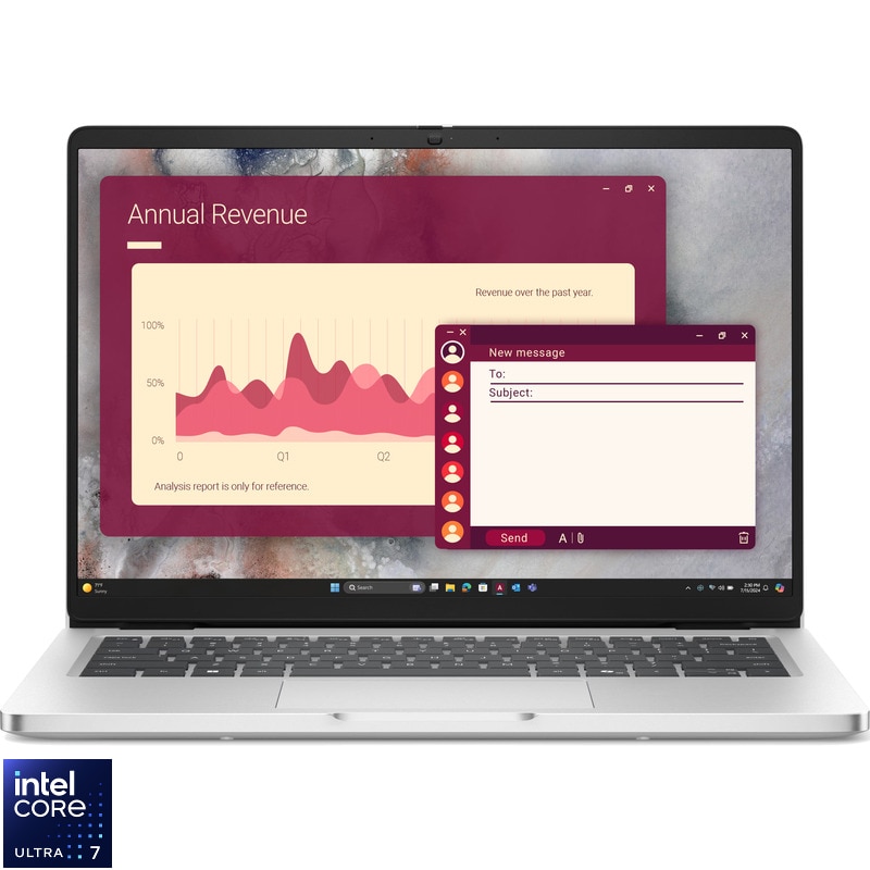 Laptop DELL 14'' Pro 14 PC14250, FHD+, Procesor Intel® Core™ Ultra 7 255U (12M Cache, up to 5.20 GHz), 16GB DDR5, 1TB SSD, Intel Graphics, Win 11 Pro, Platinum Silver, 3Y ProSupport
