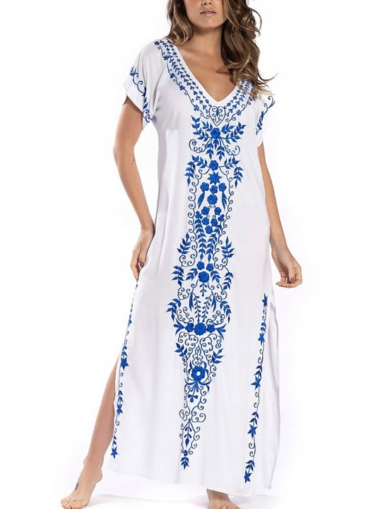 Rochie de plaja dama Bsubseach, decolteu in V, maneca scurta, albastru/alb