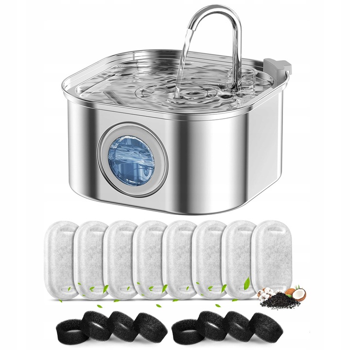 Fontana pentru animale, 3,2L, cu 8 filtre, din otel inoxidabil, silentioasa, pentru pisici si caini