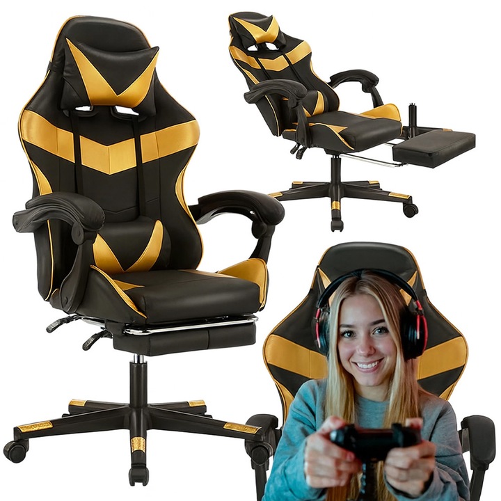 Irodai Gamer Szék, Lábtartóval, Állítható Magasságú, Háttámla Szög, Párnákkal, Ergonomikus, 150kg, Sárga