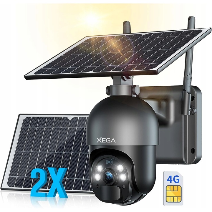 Camera de supraveghere externa, Xega, 4G LTE, 2K 3MP, nocturna, alimentare solara, set cu 2 panouri solare