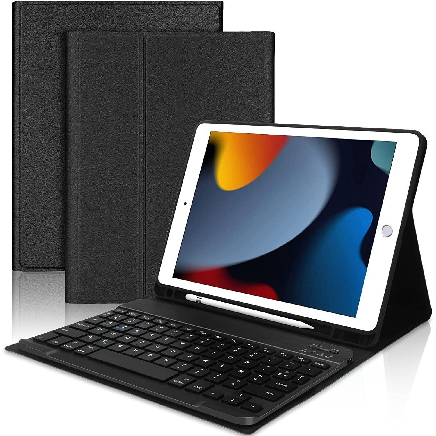 Husa tableta cu tastatura Bluetooth pentru Apple iPad 10.2, neagra, 7/8/9 generatie, 18mm grosime, set complet