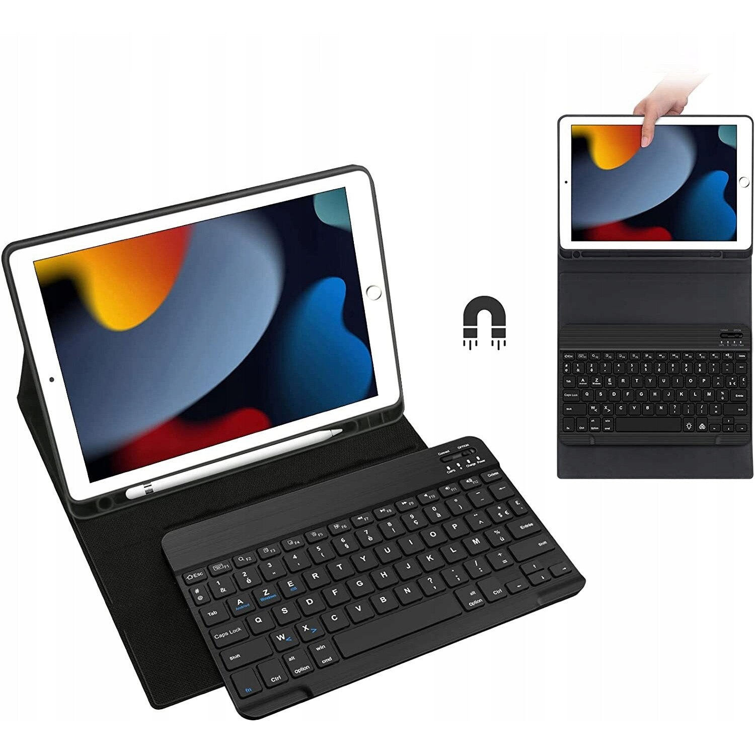 Husa tableta cu tastatura Bluetooth pentru Apple iPad 10.2, neagra, 7/8/9 generatie, 18mm grosime, set complet