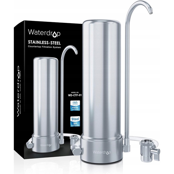 Filtru de apa Waterdrop WD-CTF-01, inox, montare pe blat, reducere clor, design modern