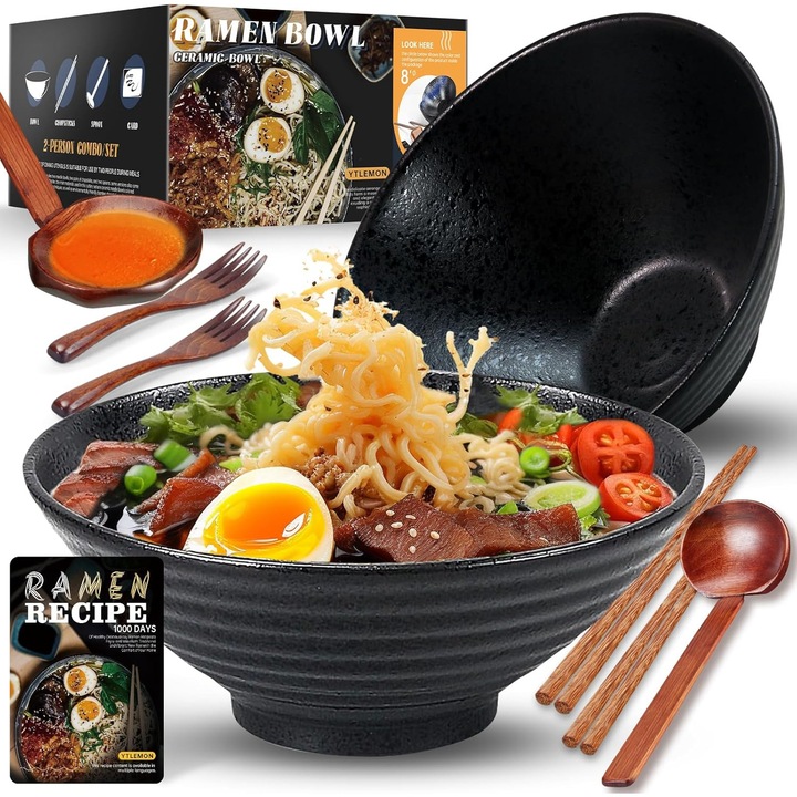 Set 2 Boluri Ceramice pentru Ramen 1000ml, cu Tacamuri Bambus