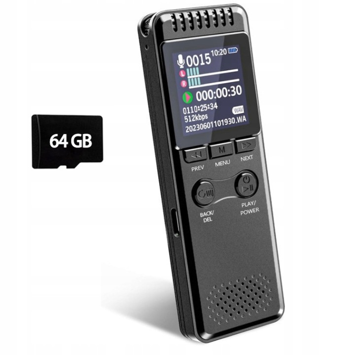 Цифров диктофон 64GB, 80 часа запис, стерео микрофон, гласова активация, USB-C