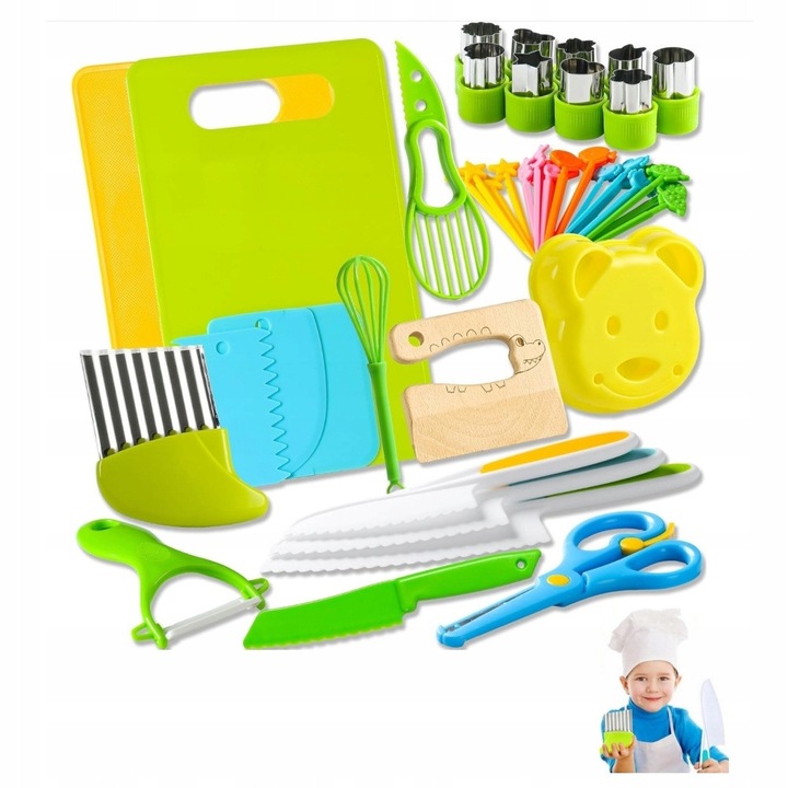Set de unelte de bucatarie pentru copii, 46 elemente, 4 cutite cu lama zimtata, multicolor