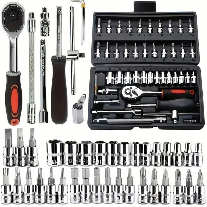 Set unelte, 46 piese, compatibilitate versatila, crom-vanadiu, cu ratchet 1/4"