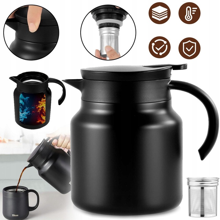 Termos 1L din inox, cu izolatie dubla, negru, 165x120mm, set cu sitko