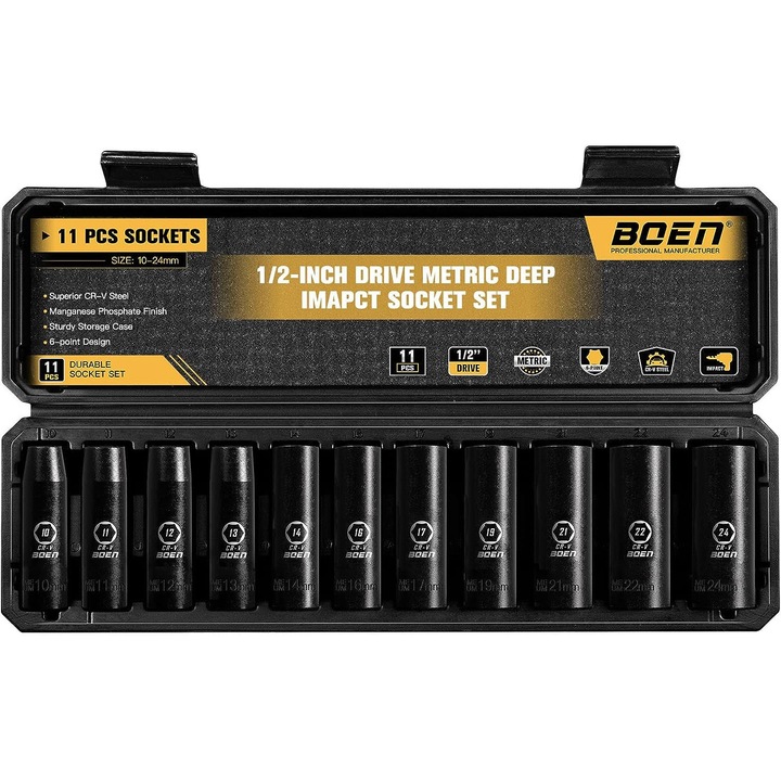Set chei tubulare cu impact, 1/2'', 10-24mm, 11 piese, rezistent la coroziune, durabil
