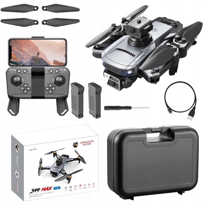 Dron cu telecomanda, Arhatreya, model S99MAX, 2 camere 8K, culoare gri inchis, dimensiuni 35x28x8cm desfacut, 15x11x8cm pliat, set complet