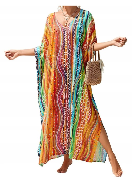 Rochie de plaja tip cu imprimeu, oversize, material din vascoza, maneca scurta, multicolor