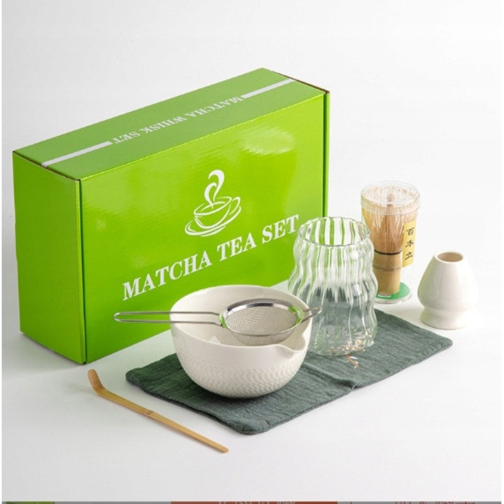 Matcha tea kiegészítő szett, 500ml-es átlátszó tál, csésze, kanál, habverő