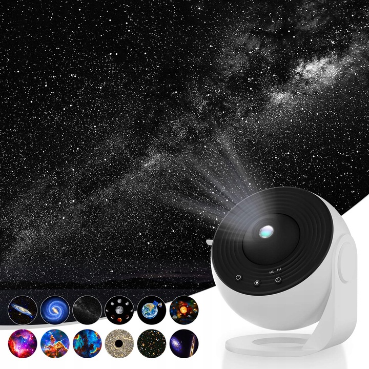 Proiector de stele, 12 proiectii galactice, alb, 108x109x112mm