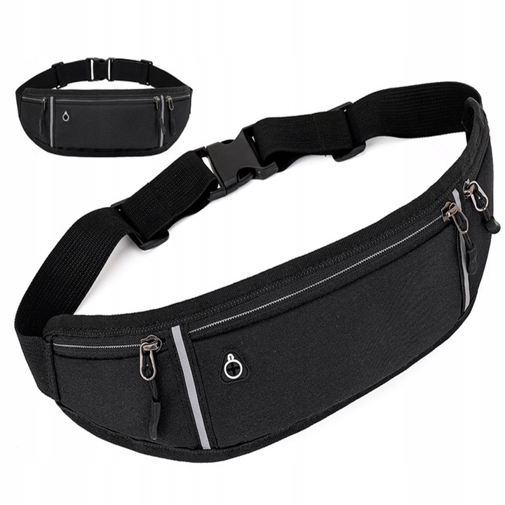 Sportos vízálló övtáska, 77x11 cm, fényvisszaverő csíkokkal, nagy kapacitású, fekete